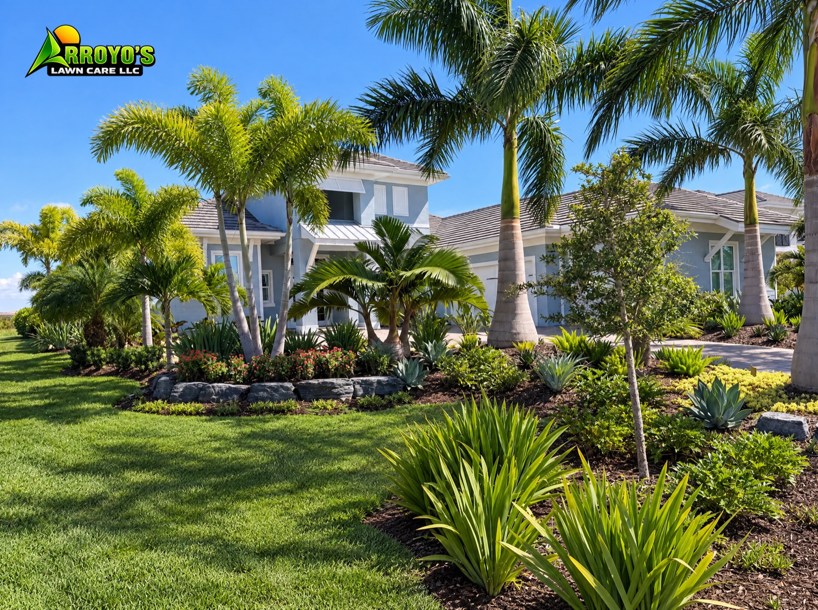 Palms, agave and boulder-edged planting beds along a lawn in front of a Florida home