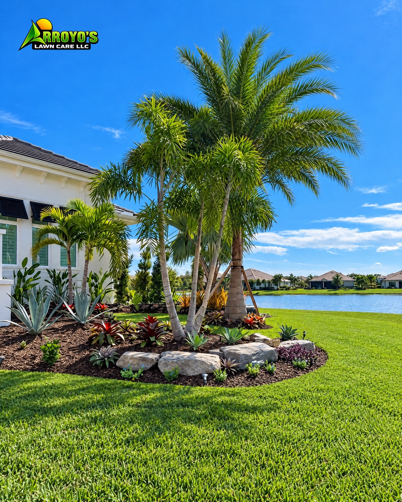 Palm island with agave and river rock beside a lake-view lawn