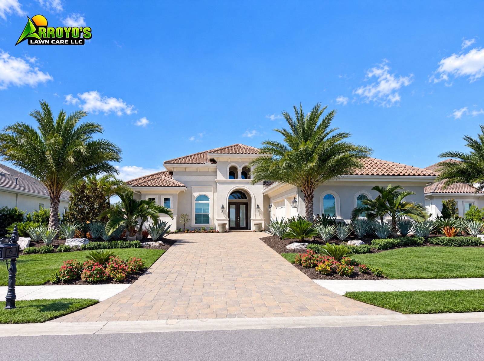 Paver driveway and palm-lined front yard at a Mediterranean-style home