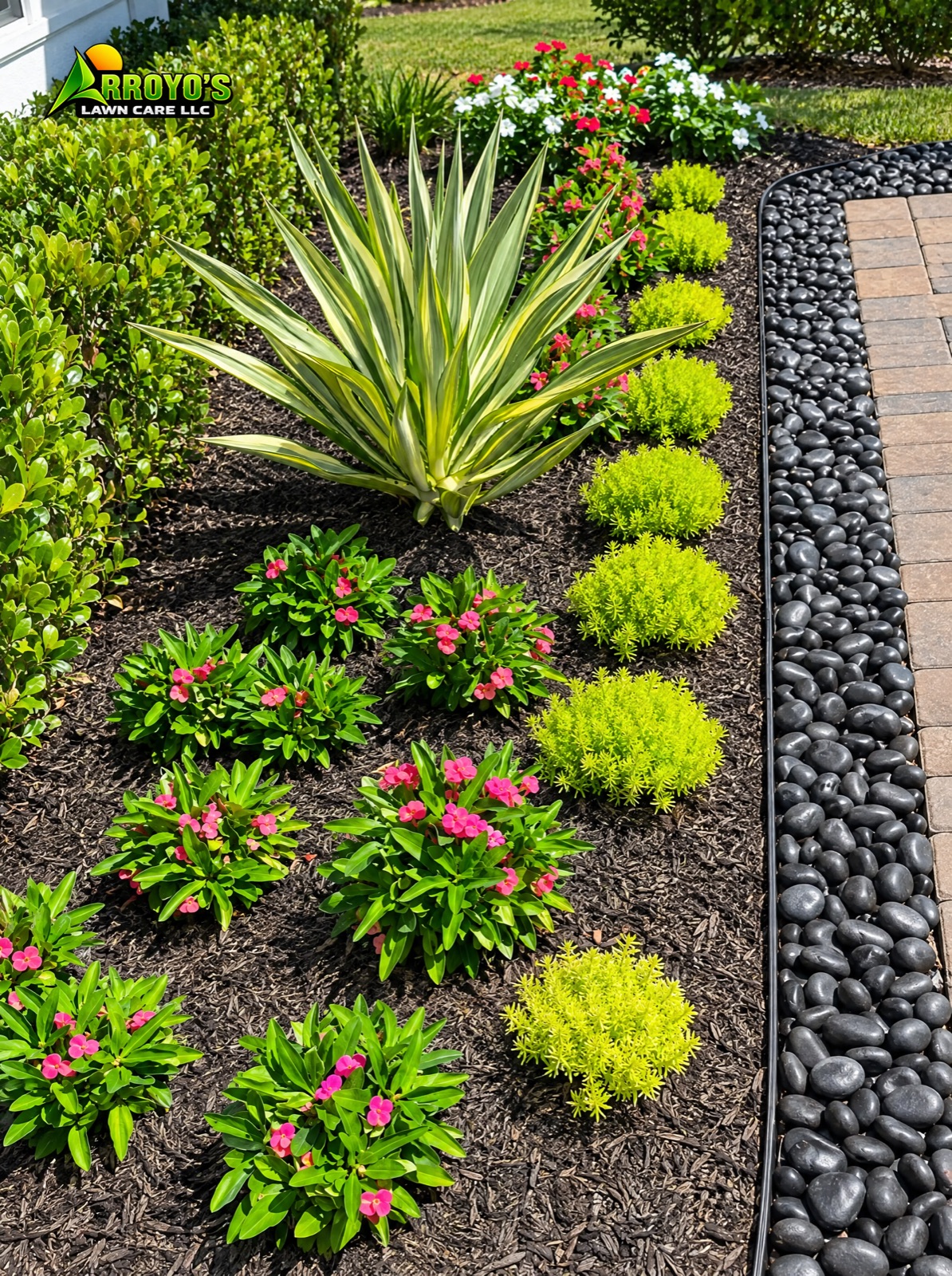 Planting bed with agave, flowering shrubs and a black river rock border