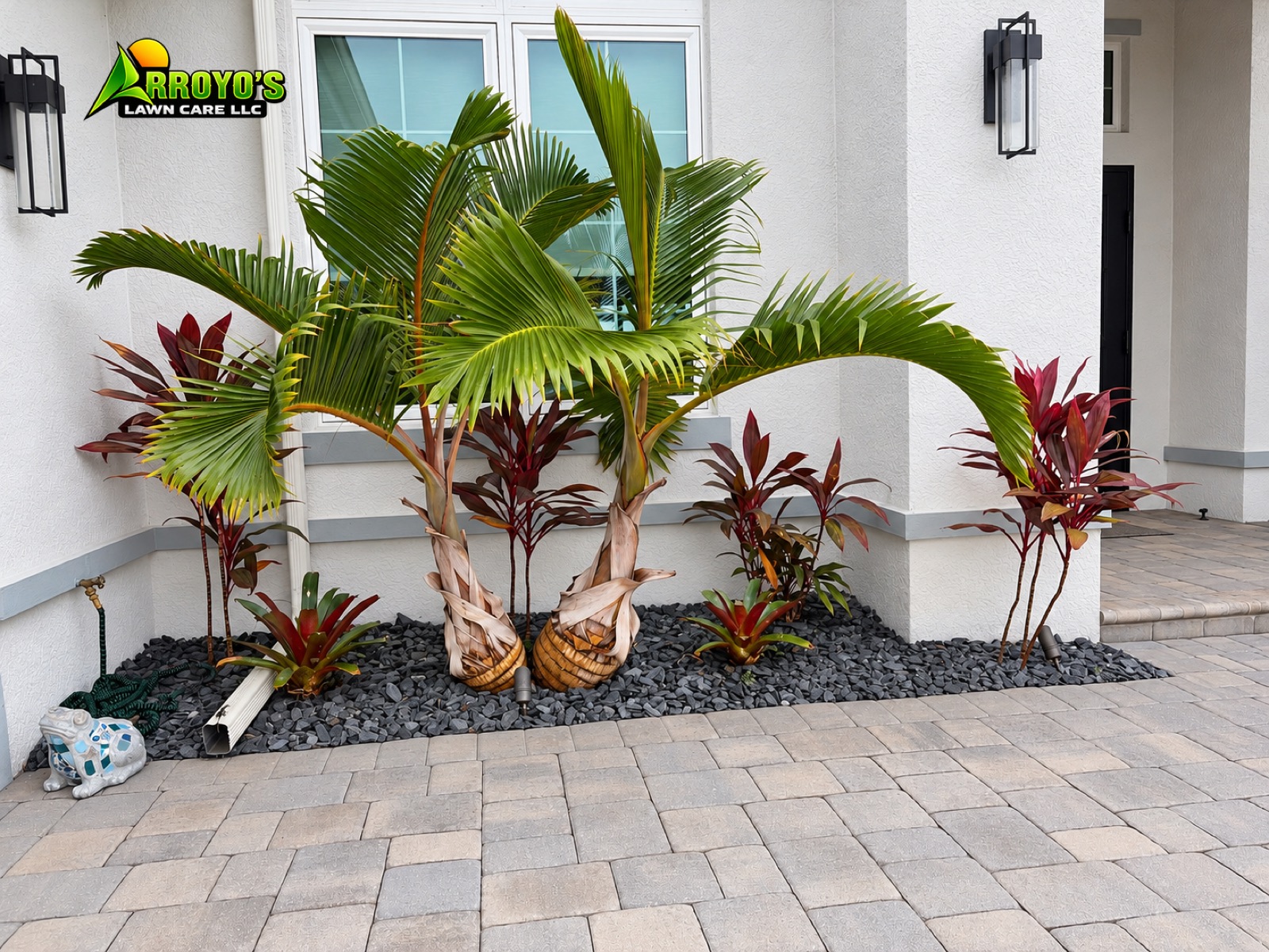 Foxtail palms and red ti plants in a paver courtyard entry