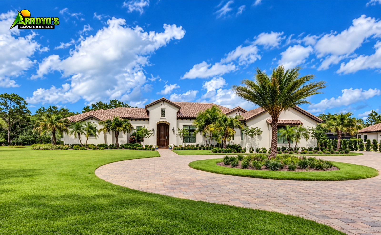 Circular paver driveway with a planted center island
