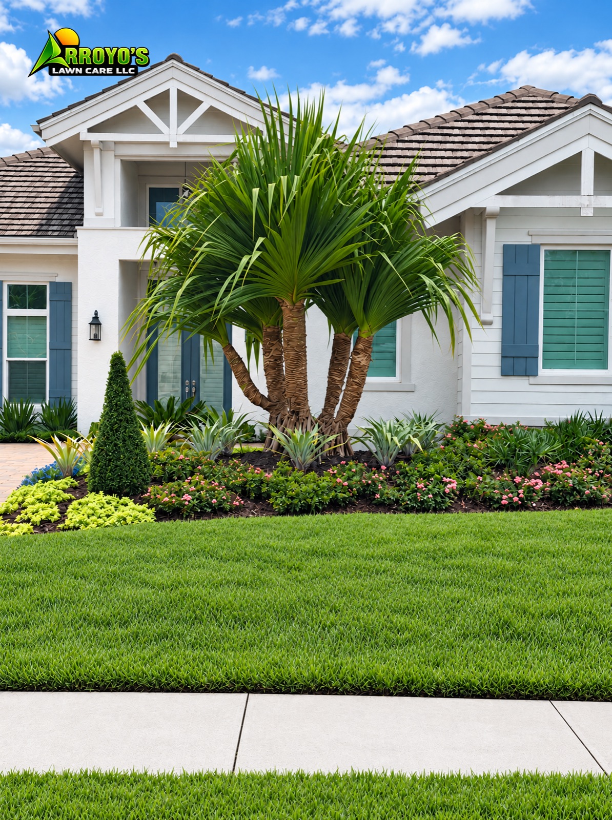 Front yard renovation with a palm, hedges and fresh sod