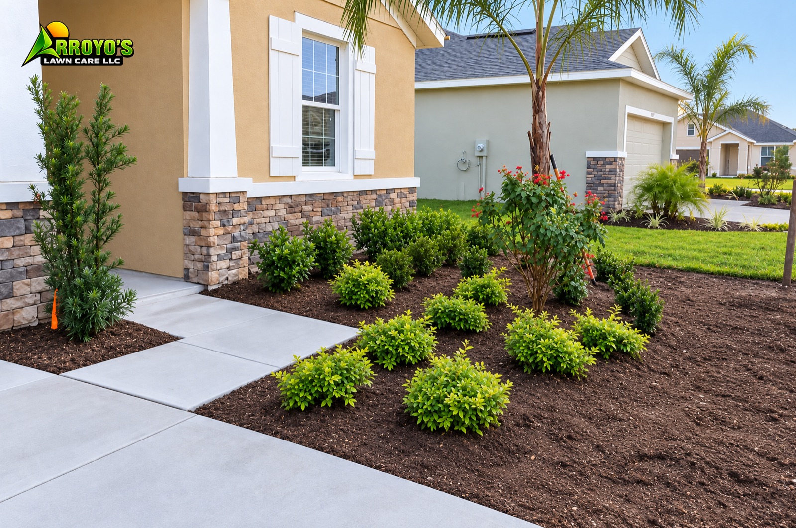 New mulch bed with shrubs along a front walkway